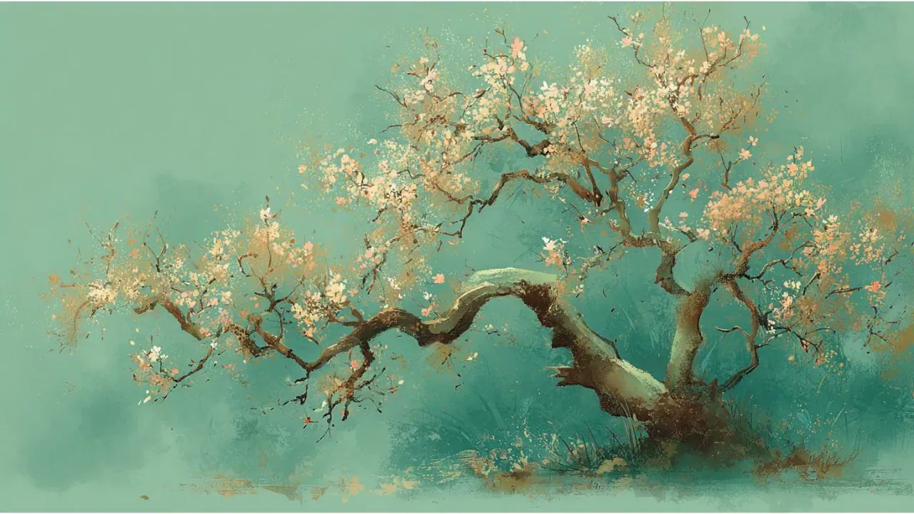 Traditional Chinese landscape painting of bamboo forest in early spring with new growth and upward expansion energy