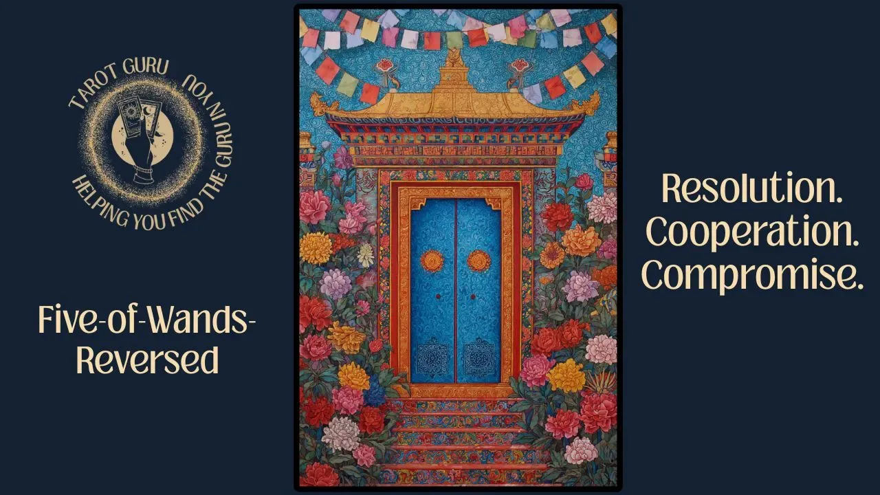 Five of Wands Reversed tarot card illustration – conflict resolution, easing tension, stepping out of competition.