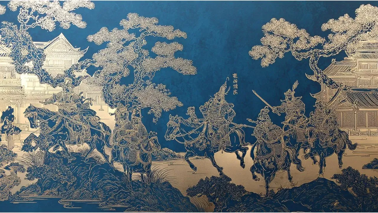 Traditional Chinese painting of autumn landscape with golden leaves and bare branches revealing structure and clarity