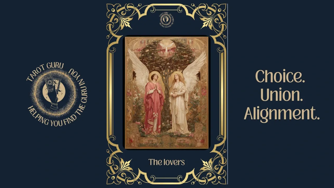 The Lovers tarot card showing two angelic figures beneath tree of knowledge with winged angels and garden paradise symbolizing choice union and alignment ```  **Shorter version (if you need under 100 characters):** ``` The Lovers tarot card with two figures in garden paradise representing love choice and partnership ```  **Values/partnership emphasis version:** ``` The Lovers tarot card depicting divine couple in sacred garden with tree of life symbolizing conscious partnership and values alignment