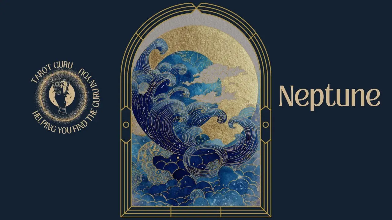 Watercolor tarot card illustrating Neptune in astrology with oceanic and mystical imagery in Art Deco navy and gold arch frame