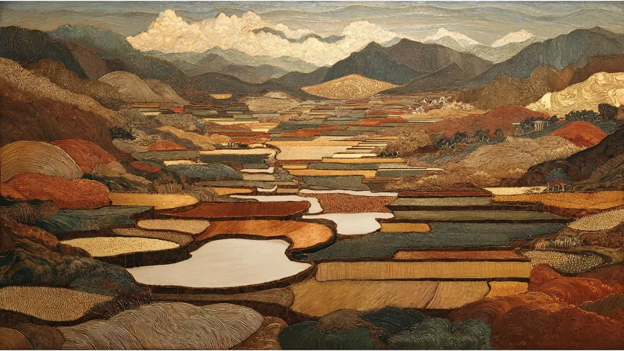 Traditional Chinese landscape painting of fertile valley with terraced fields at harvest showing grounded stability and abundance