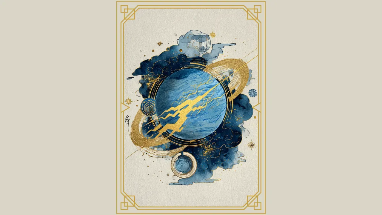 Watercolor illustration of the aquarius zodiac symbol of lightening featuring uranus motif with navy background, gold constellations, and celestial accents