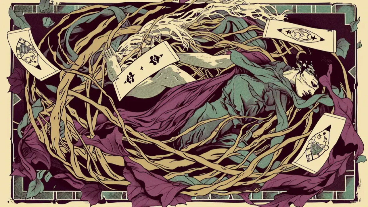woman in a swirl of tarot cards and confusion