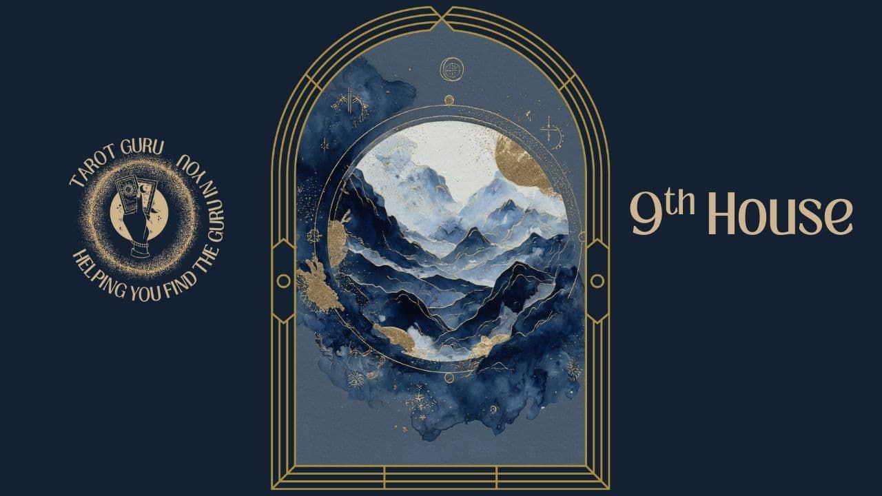 Watercolor tarot card illustrating the 9th House in astrology representing philosophy and expansion in Art Deco navy and gold arch frame