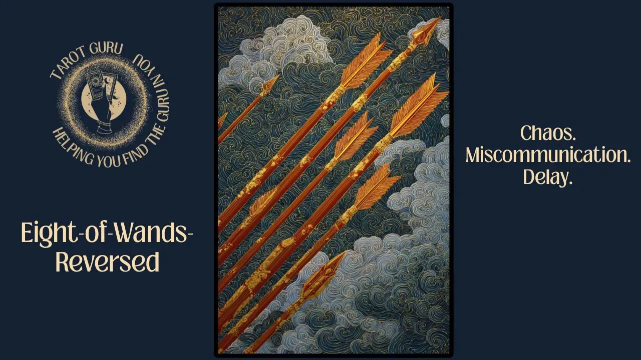 Eight of Wands Reversed tarot illustration – delays, miscommunication, slowed momentum, energy blockage.