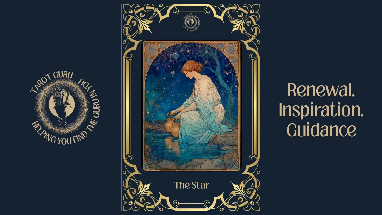 The Star tarot card showing serene woman in flowing white robes kneeling beneath starry night sky pouring water symbolizing hope healing and guidance ```  **Shorter version (if you need under 100 characters):** ``` The Star tarot card with woman under stars pouring water representing hope renewal and faith ```  **Divine connection emphasis version:** ``` The Star tarot card depicting peaceful figure beneath celestial stars with flowing water symbolizing spiritual renewal and divine guidance