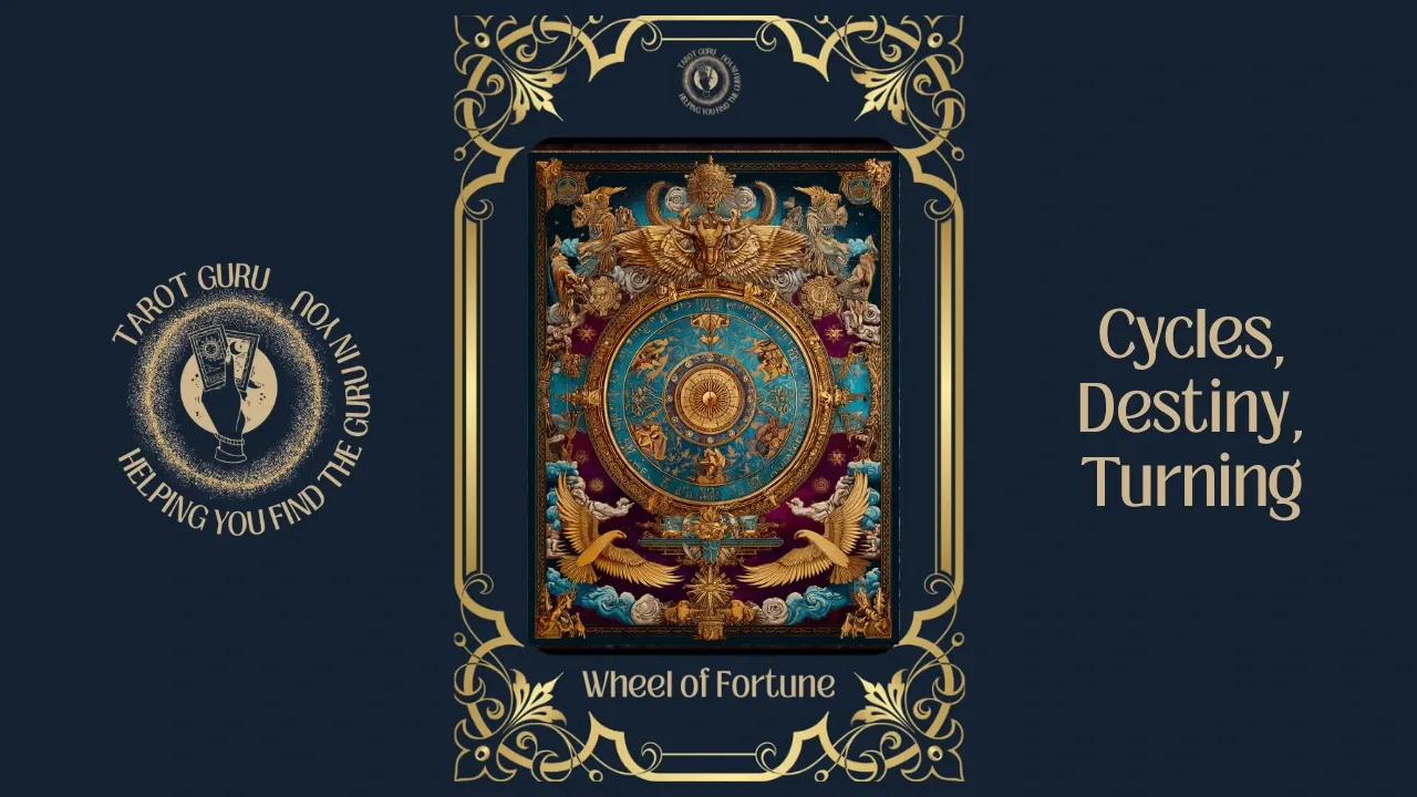 Wheel of Fortune tarot card meaning - ornate cosmic wheel with gears and celestial symbols surrounded by mystical potions in gold frame with keywords cycles, destiny, turning