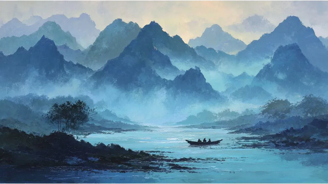 Traditional Chinese landscape painting of misty river flowing through mountains at twilight with deep blues and intuitive depth
