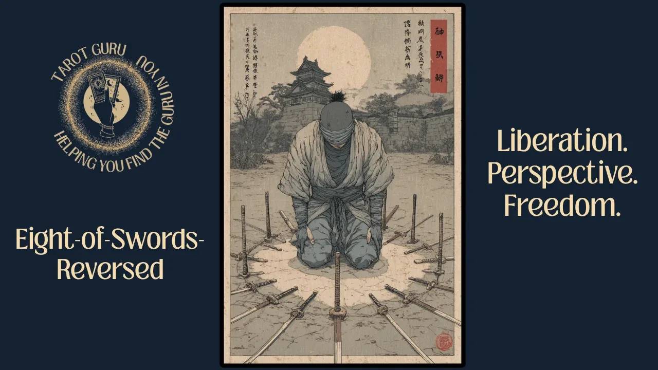 Eight of Swords reversed card from the Eastern Arcana Tarot deck showing liberation from mental constraints