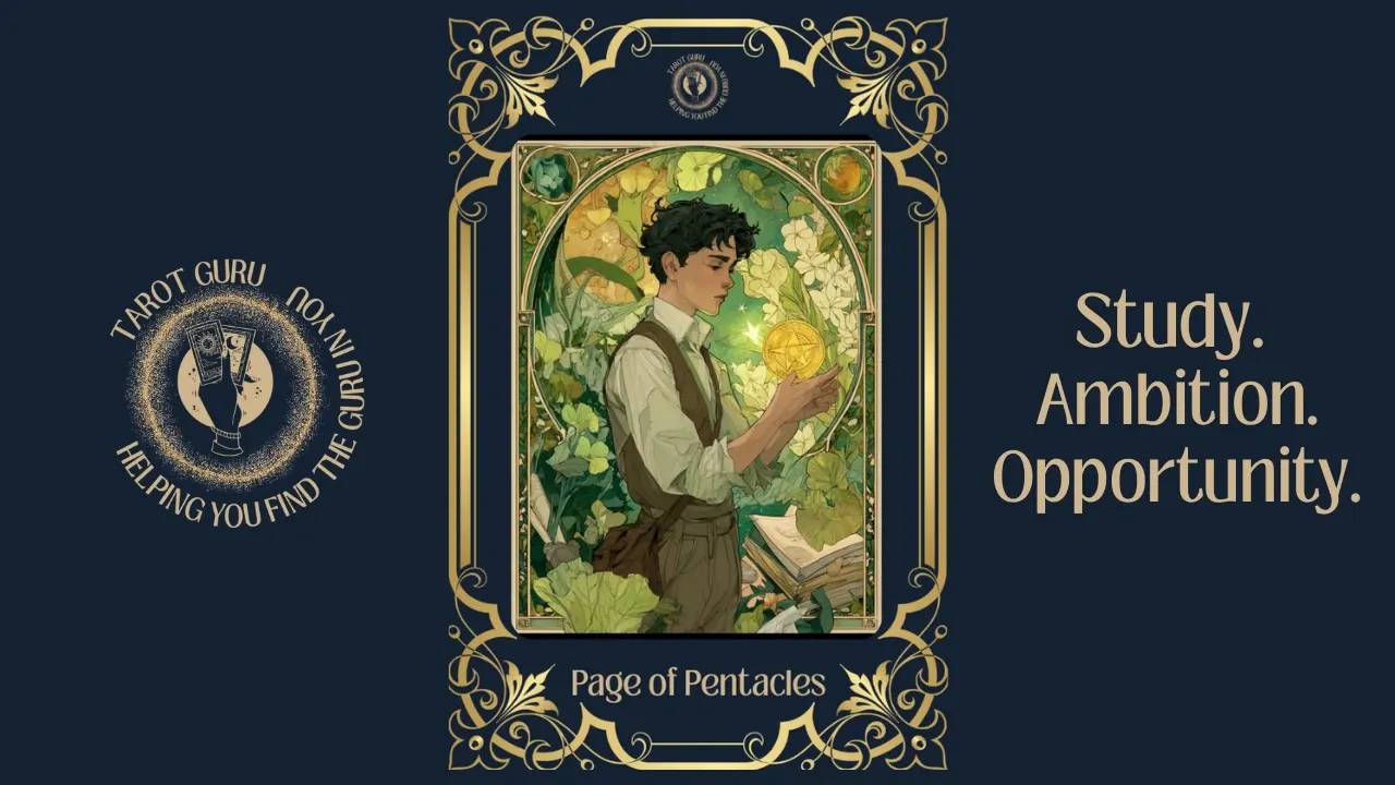 Page of Pentacles tarot card meaning — signifies new learning, grounded ambition, and fresh financial or creative beginnings