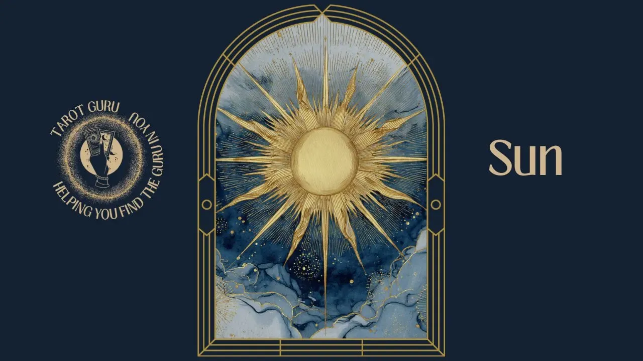 Watercolor tarot card showing the Sun in astrology with golden rays radiating from luminous sphere in Art Deco navy and gold arch frame