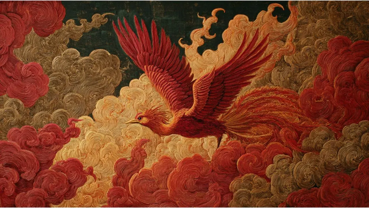 Traditional Chinese painting of phoenix rising through flames and auspicious clouds with crimson and gold representing fire energy
