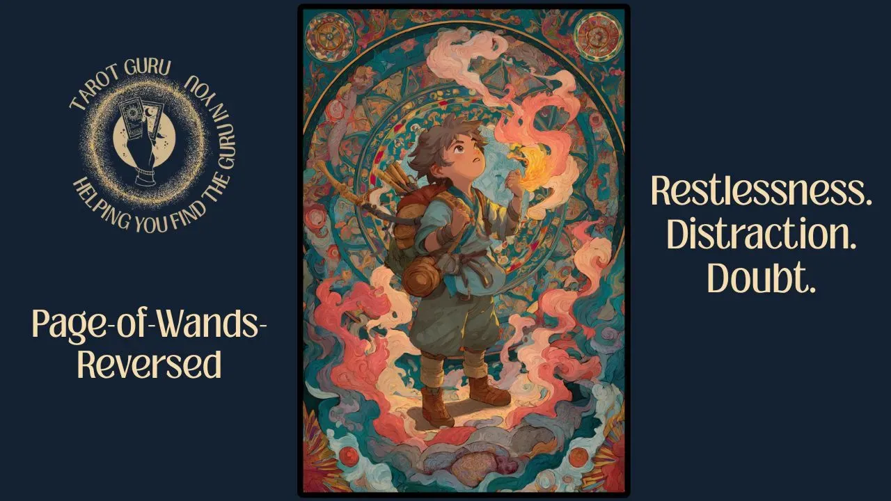 Page of Wands Reversed tarot illustration – scattered energy, stalled inspiration, impulsive beginnings