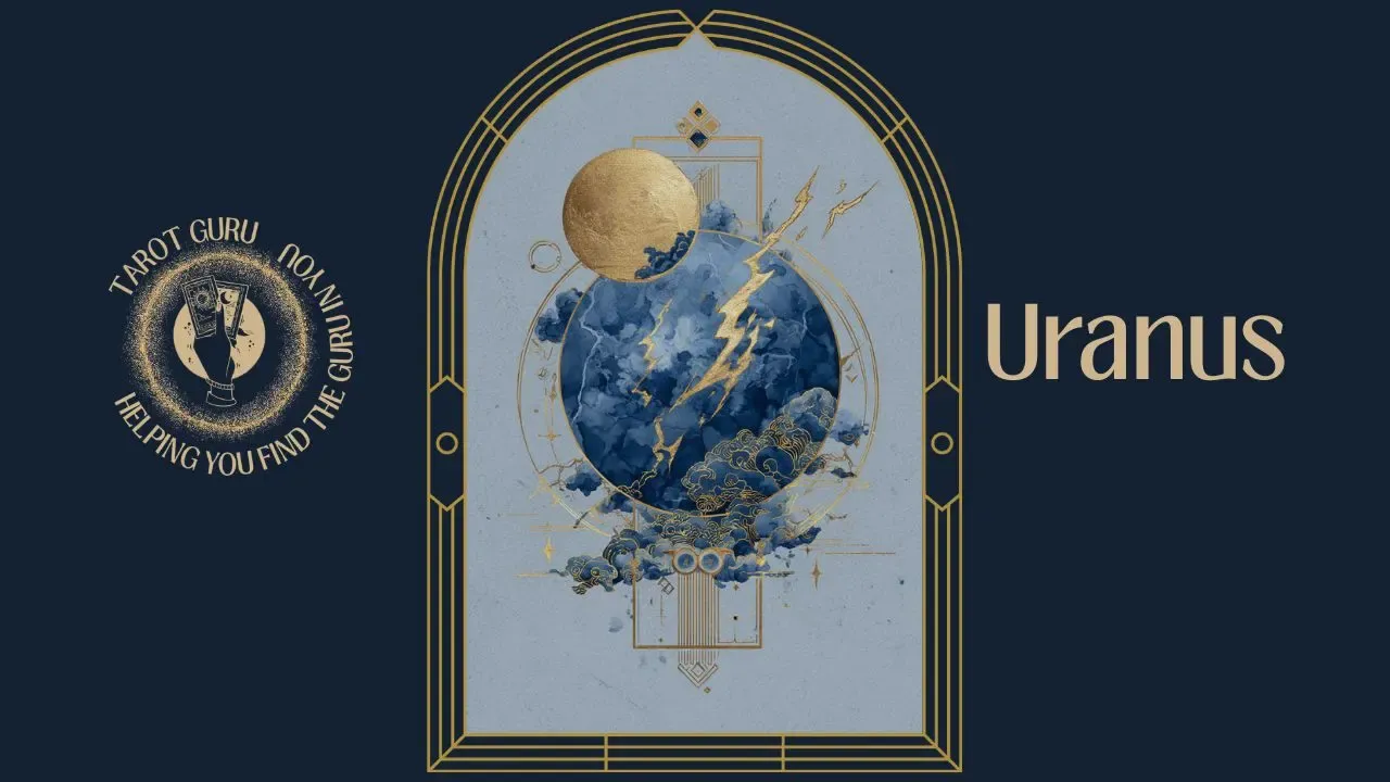 Watercolor tarot card depicting Uranus in astrology with lightning and awakening symbolism in Art Deco navy and gold arch frame