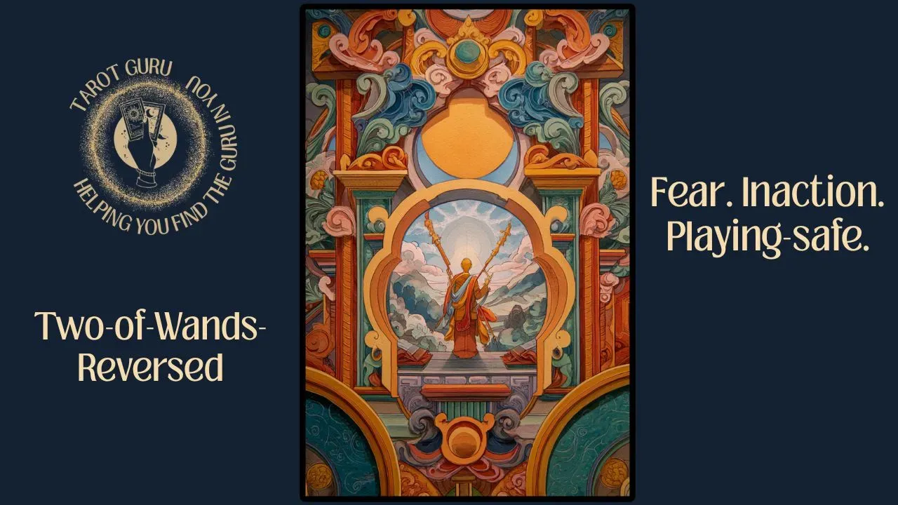 Two of Wands Reversed tarot card illustration – hesitation, fear of expansion, stalled plans, redirected ambition.”