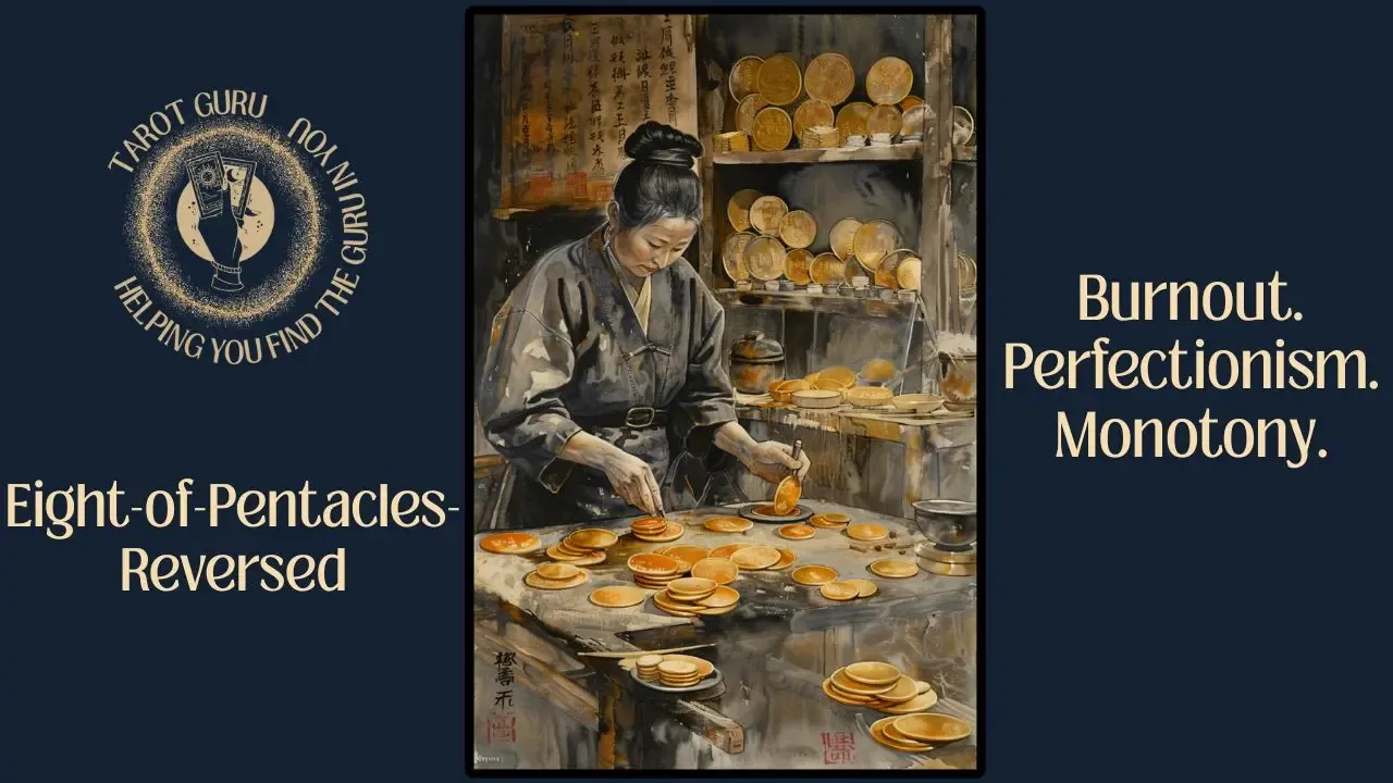 Eight of Pentacles reversed tarot card showing lack of attention to quality and skill