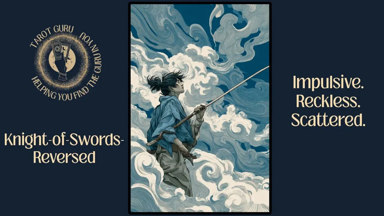 Knight of Swords reversed tarot card illustration showing a charging figure halted mid-motion beneath turbulent skies, symbolizing impulsive, reckless, and scattered energy.