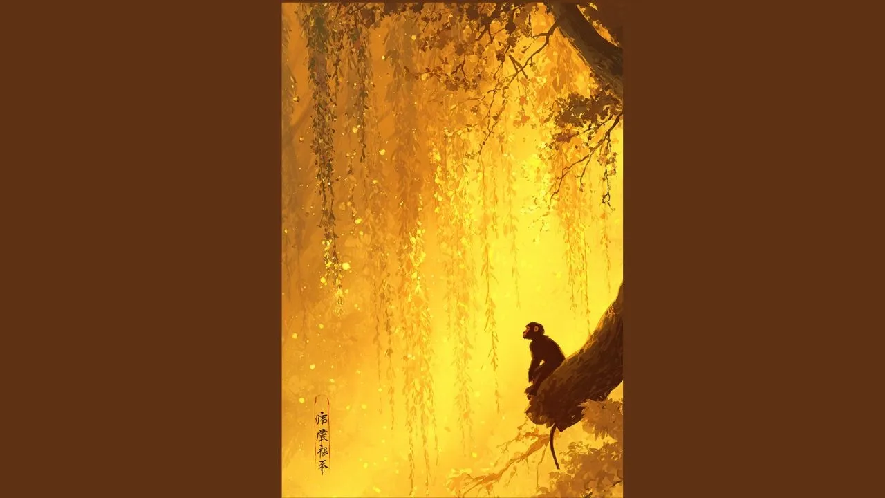 Traditional Chinese ink painting of playful monkey swinging from ancient scroll with dynamic movement and vermillion accents