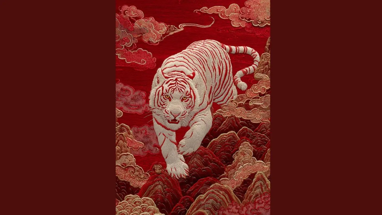 Traditional Chinese painting of majestic white tiger leaping through bamboo forest with dramatic movement and red accents