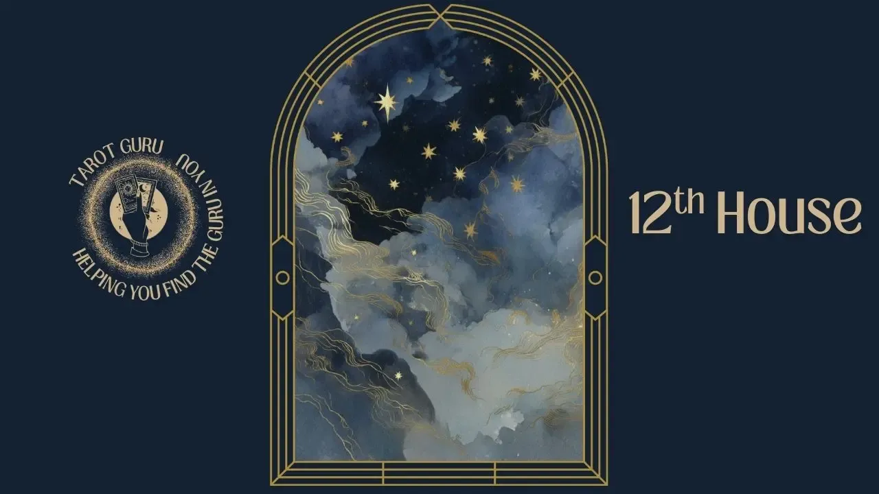 Watercolor tarot card illustrating the 12th House in astrology representing the subconscious and spirituality in Art Deco navy and gold arch frame