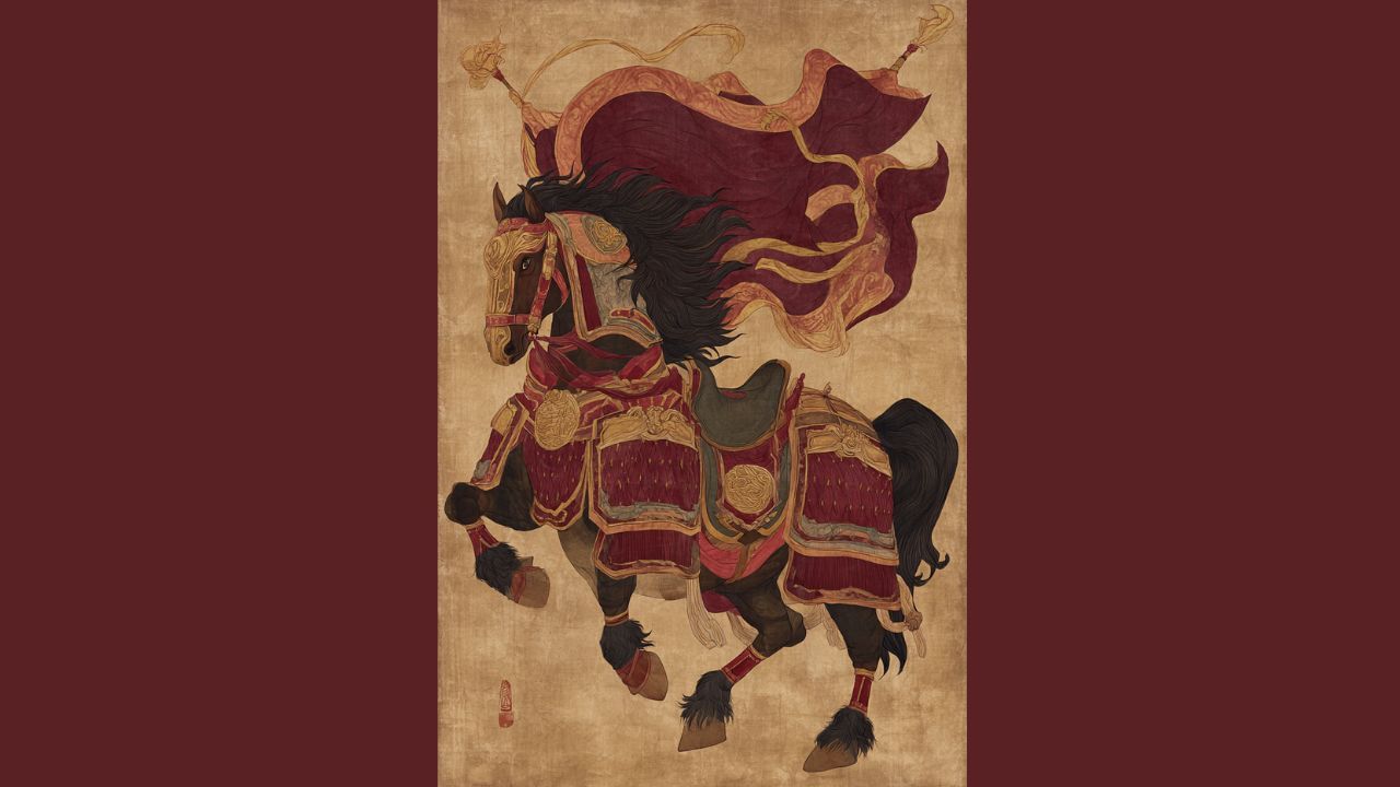 Traditional Chinese painting of wild horse galloping across open plains at sunset with flowing mane and passionate energy