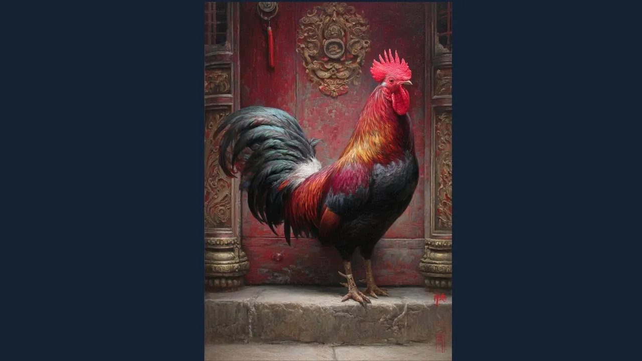 Traditional Chinese gongbi painting of magnificent rooster at dawn before temple with detailed feather work in crimson and gold