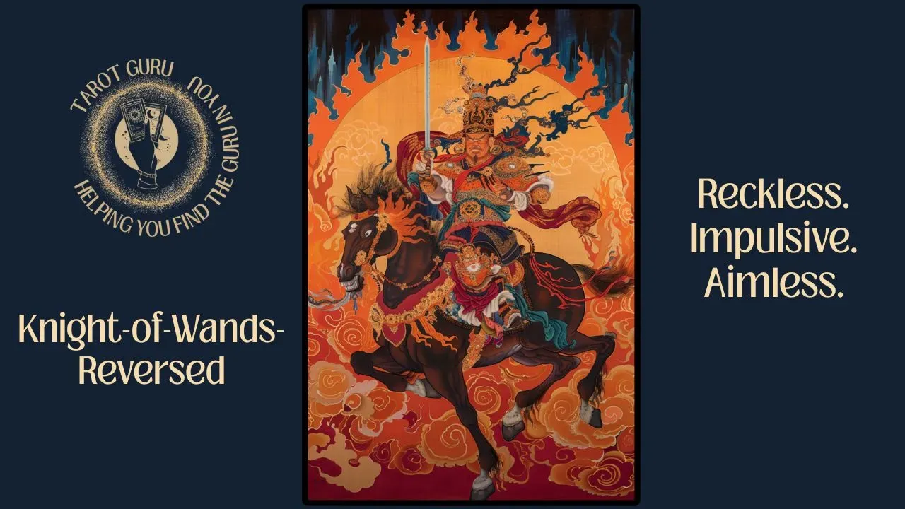 Knight of Wands Reversed tarot illustration – impulsive fire, reckless action, chaotic passion.