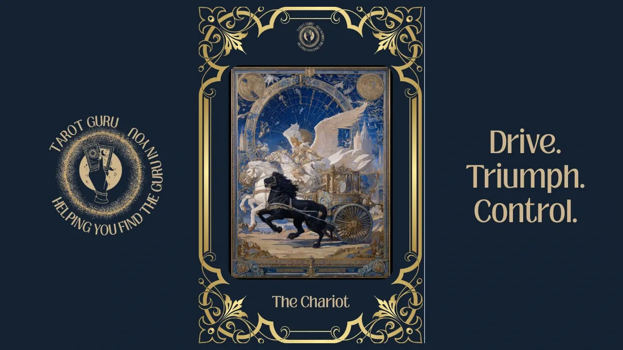 The Chariot tarot card showing victorious warrior in ornate chariot pulled by black and white sphinxes against starry night sky symbolizing willpower triumph and control ```  **Shorter version (if you need under 100 characters):** ``` The Chariot tarot card with warrior in chariot and sphinxes representing willpower victory and focus ```  **Momentum emphasis version:** ``` The Chariot tarot card depicting armored figure driving chariot with opposing forces symbolizing determination and focused action