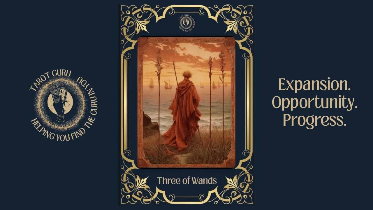 Three of Wands tarot card meaning — signifies growth, enterprise, and waiting for results.