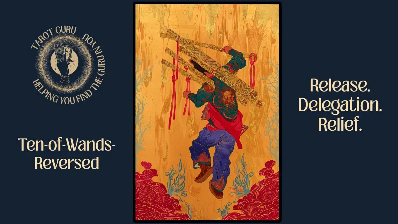 Ten of Wands Reversed tarot illustration – releasing burdens, ending overwhelm, dropping responsibilities.