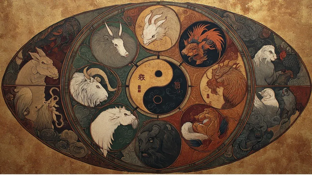 Traditional Chinese celestial painting featuring yin yang symbol surrounded by twelve zodiac animals in swirling cosmic clouds with gold and indigo tones