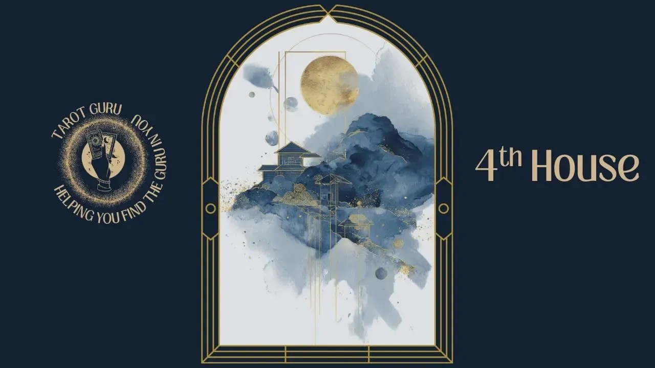  Watercolor tarot card showing the 4th House in astrology representing home and roots in Art Deco navy and gold arch frame
