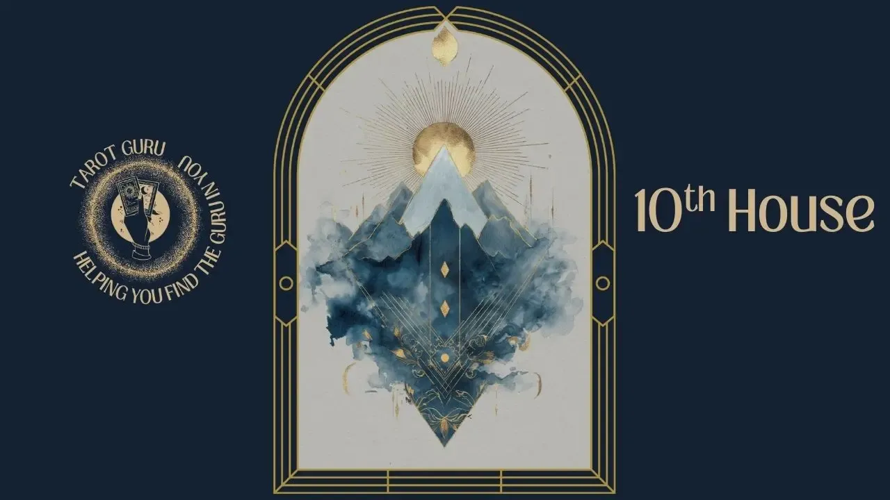 Watercolor tarot card illustrating the 10th House in astrology representing philosophy and expansion in Art Deco navy and gold arch frame