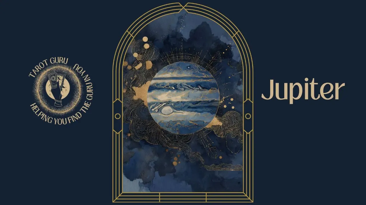 Watercolor tarot card illustrating Jupiter in astrology with expansive celestial imagery in Art Deco navy and gold arch frame