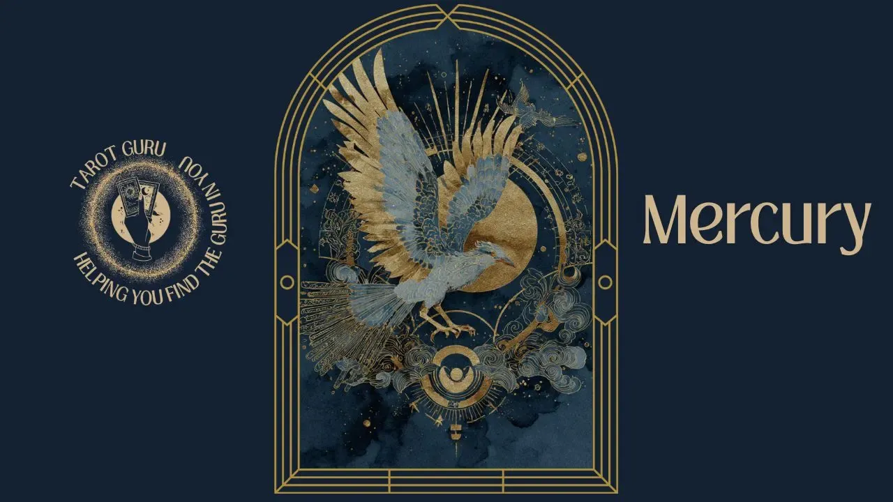 Watercolor tarot card illustrating Mercury in astrology with winged messenger symbolism in Art Deco navy and gold arch frame