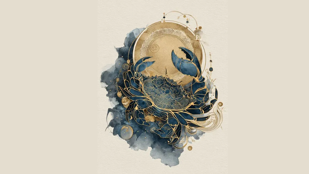 Cancer zodiac illustration in deep navy and gold, featuring a celestial crab with ornate detailing.