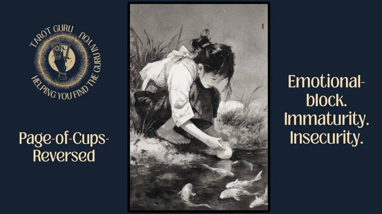 Page of Cups Reversed tarot card — symbolism of emotional immaturity, insecurity, and mixed signals.