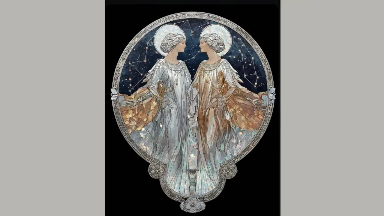 Gemini zodiac illustration in deep navy and gold, featuring two Koi with ornate detailing.