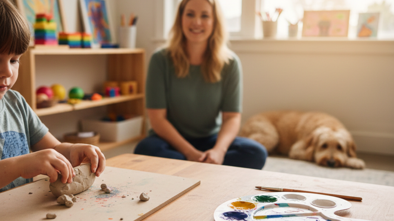 child playing with clay and parent supervising in the background