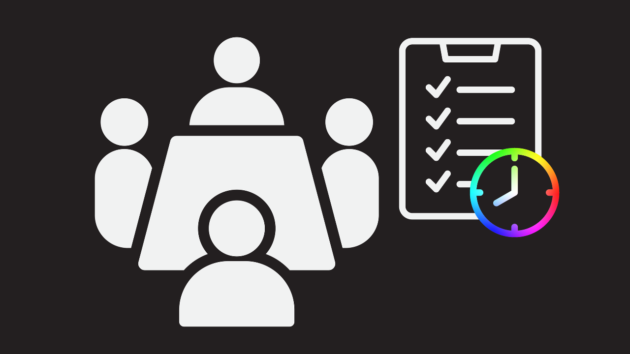 An icon of four people sat around a table in a meeting, with an icon of an agenda, with a. spectrum coloured clock to the side of it
