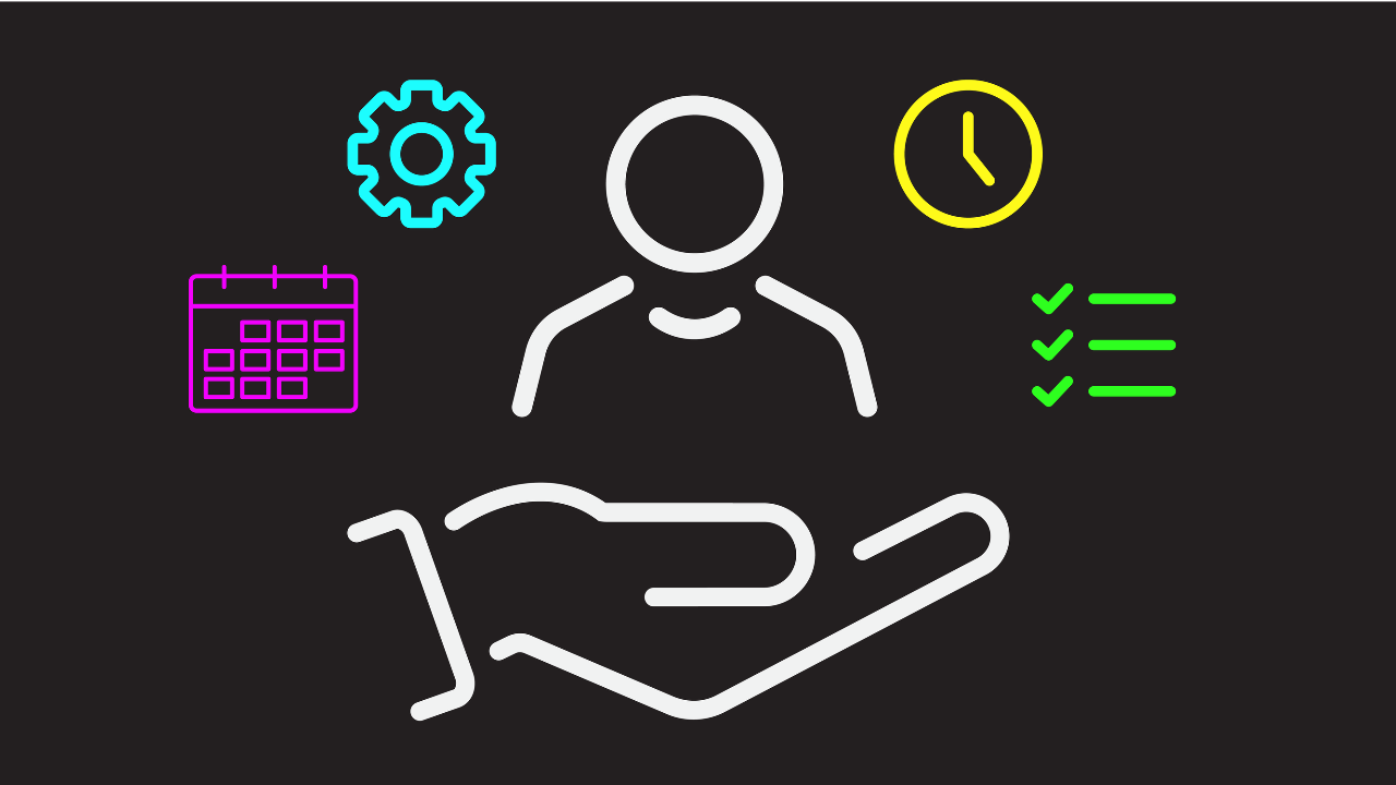 A supportive hand is below a person, with icons of a calendar, cog, clock and checklist
