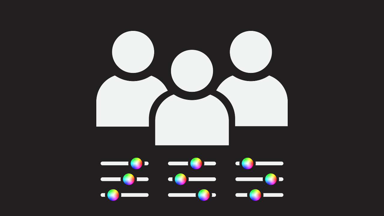 Three icons of people above three adjustment sliders at different positions on the scale, all with spectrum circles to represent the place in the scale