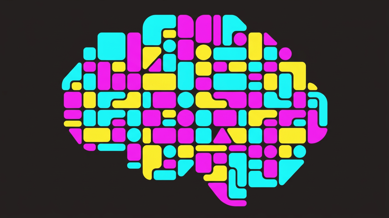 Colourful geometric shapes in cyan, magenta, and yellow forming a brain-like structure on a dark background, representing different ways of thinking working together