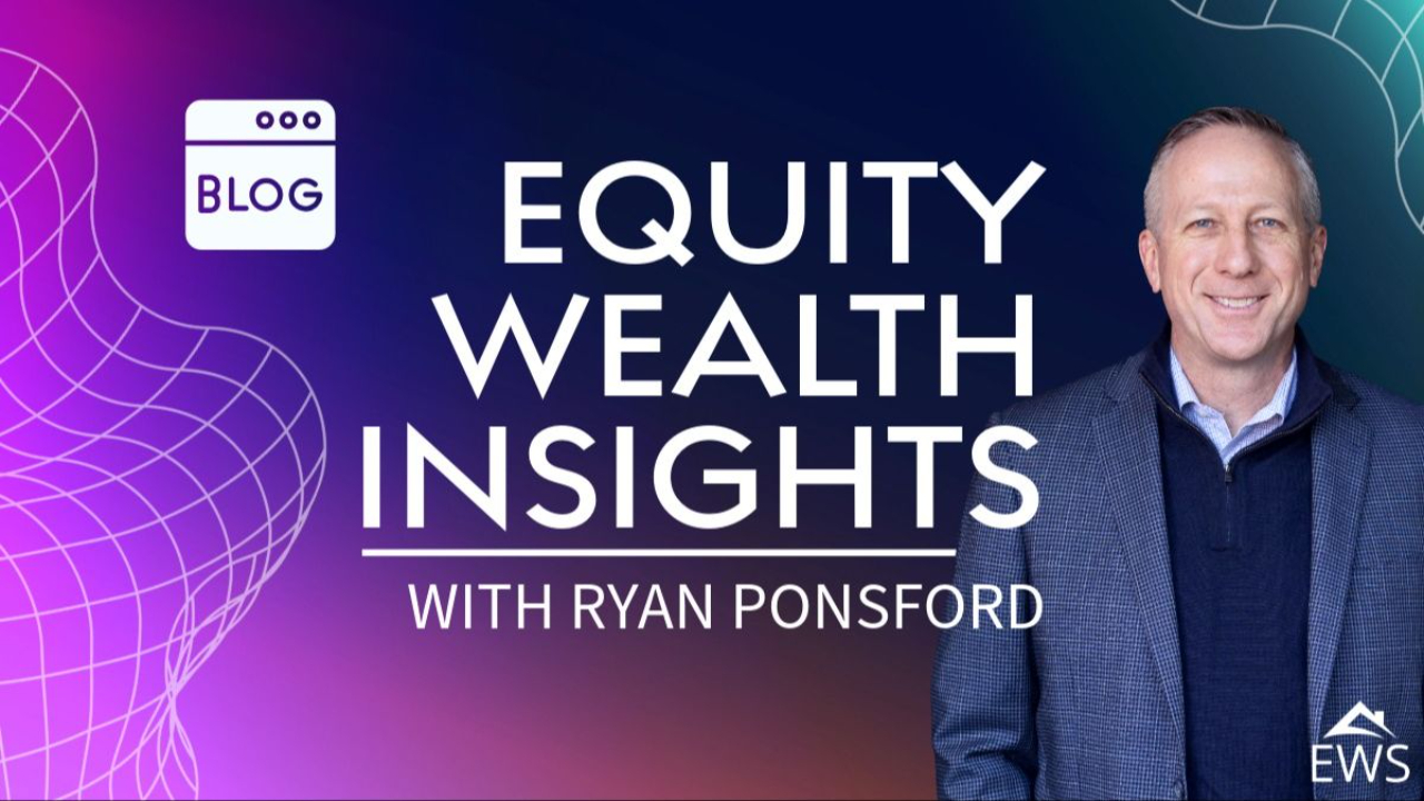 "Equity Wealth Insights" blog post thumbnail with the title listed and right justified along with the Equity Wealth Strategies Logo bottom right. Gradient colored background with some 3D geometric mesh style abstract graphics embellishes the background on the sides of the image and a blog page icon overlayed in the top right of the image