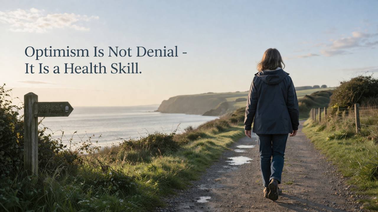 Midlife adult walking forward on a calm outdoor path, symbolising realistic optimism, health, and forward movement