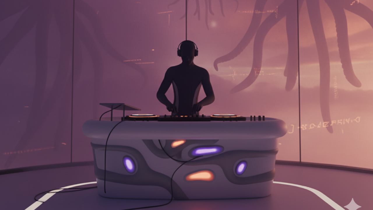 un dj pinchando para los monstruos de la película la llegada