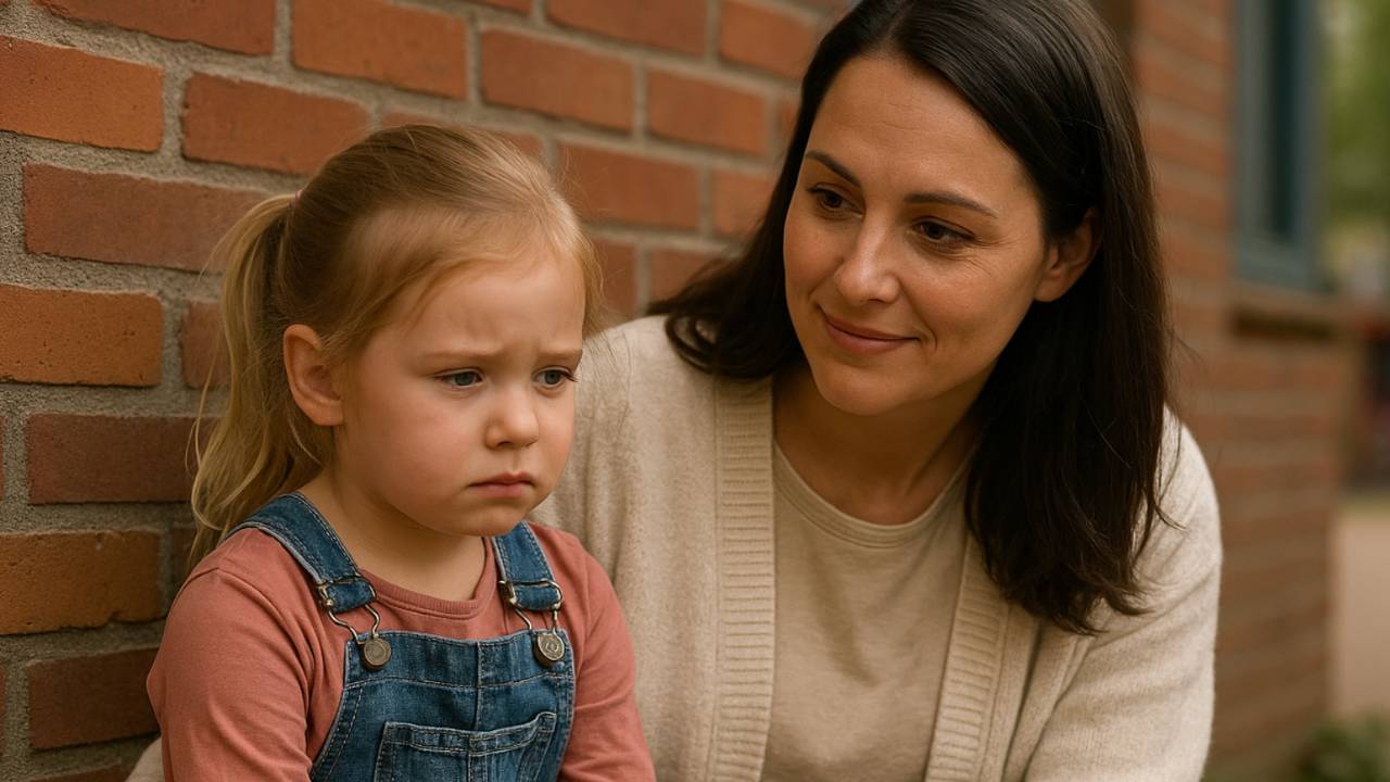 En trygg barnehageansatt sitter tett inntil en liten jente som er lei seg, og trøster henne med et varmt og rolig uttrykk