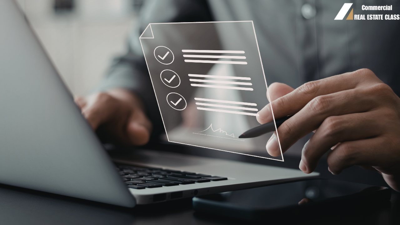 Commercial real estate investor reviewing a due diligence checklist and verifying documents during the commercial property investigation process.