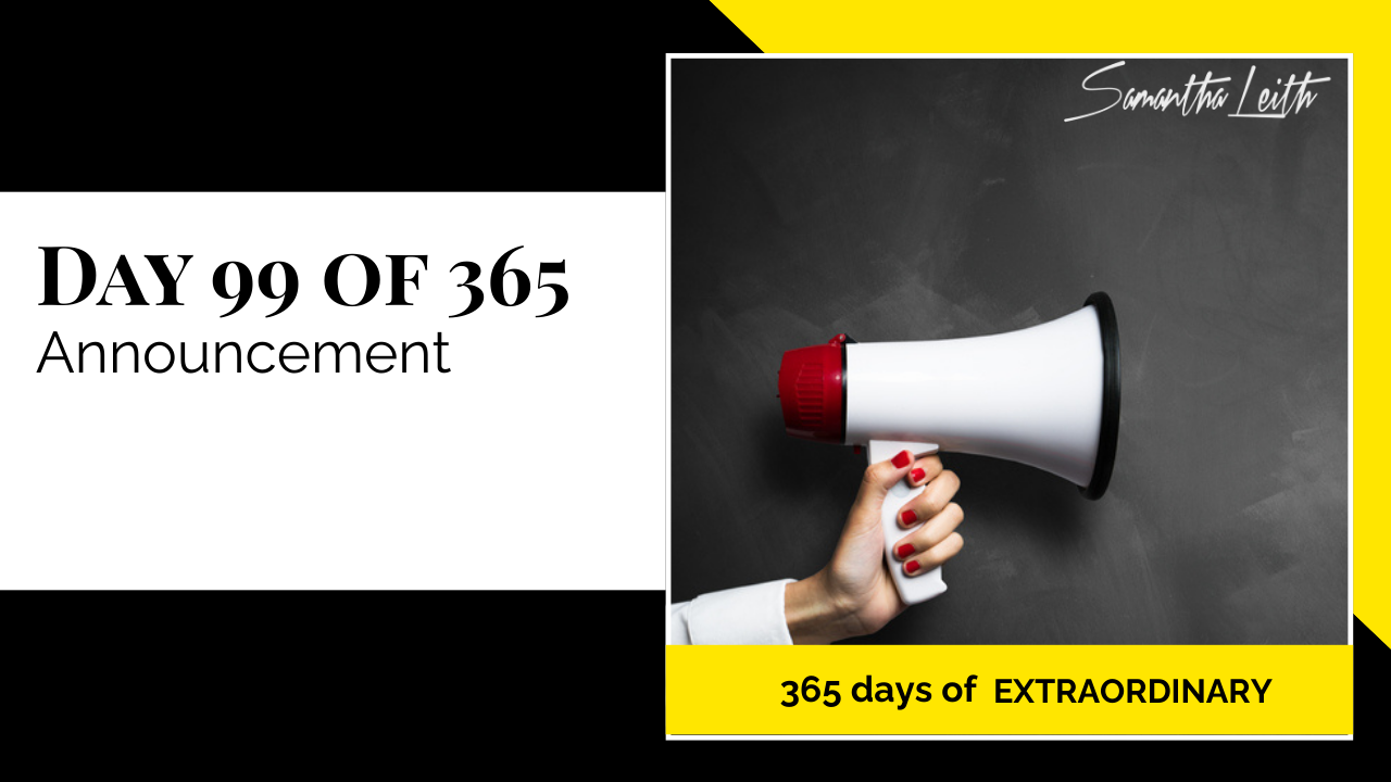 Blog image for Day 99 of Sam Leith's '365 Days of Extraordinary' series, showing a hand with red nail polish holding a white and red megaphone against a dark chalkboard background, symbolizing a formal announcement.